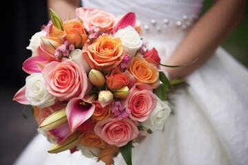 a close-up of a bridal bouquet with various flowers