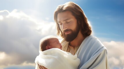 Jesus holding baby with smiling  - obrazy, fototapety, plakaty