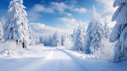Fototapeta na wymiar Winter road through a wooded mountain, striking snowy scenery.