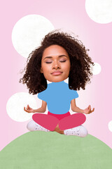 Collage artwork image of dreamy peaceful gir meditating yoga sitting outside enjoying free time...