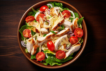 Chicken salad with cheese, tomato and onion