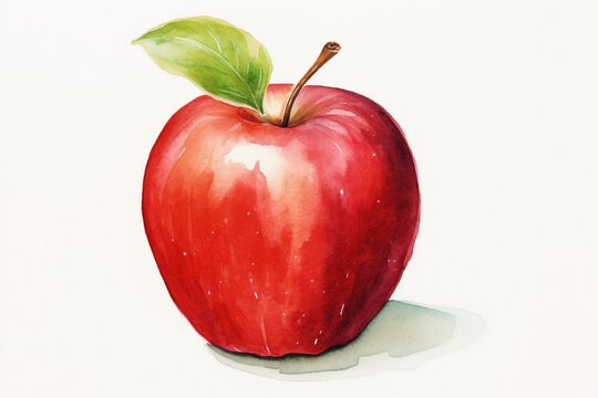 Red apple painted with watercolors on a plain white background. Generative AI