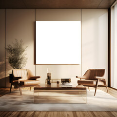 Blank square decorative art transparent canvas mock-up. Beige wall