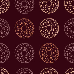 A hand-drawn pattern with buns and donuts. Vintage pastries, desserts made of wheat, coarse flour for a bakery or cafeteria. Background for cafe menu, for textiles.