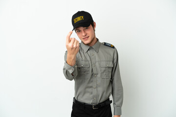 Young Russian security man isolated on white background doing coming gesture