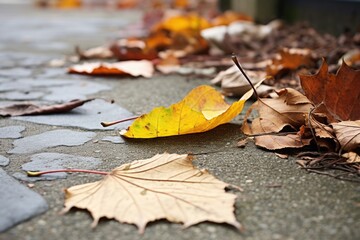 dead leaves on cracked sidewalk