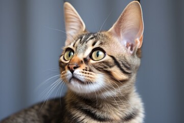 close-up of a cat with its ears pointed up, attentive