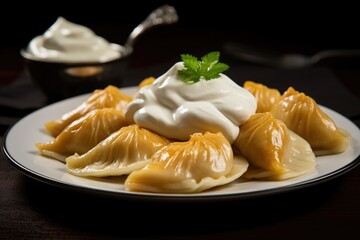 pierogies from poland presented with sour cream topping