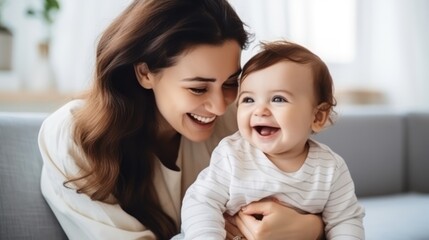 Fototapeta na wymiar Mother holding laughing baby in home for love, care and quality time together to nurture childhood development. Happy mom, carrying and playing with infant girl kid for support, happiness and fun