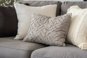 detail shot of plush gray throw pillows on a beige couch