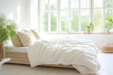 a perfectly made bed in a sunlit room