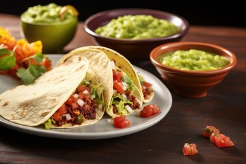 mexican taco with guacamole and salsa on a plate - obrazy, fototapety, plakaty