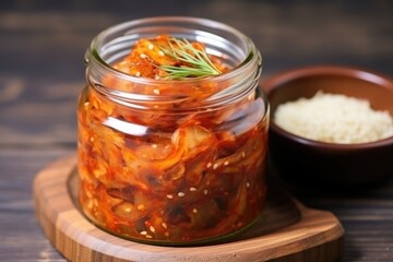 korean kimchi in glass jar on wooden surface