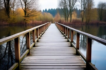 a wooden bridge path over a tranquil lake