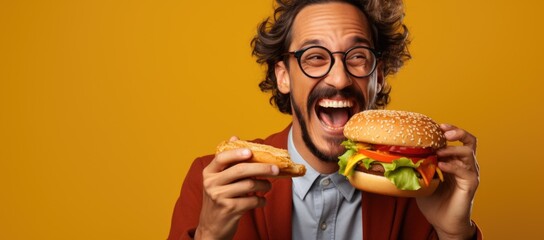 A pleased male indulging in a juicy and appetizing burger