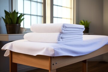 a massage table covered in a clean white sheet with folded towels on top