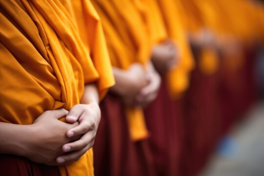 close-up of a monks saffron robes