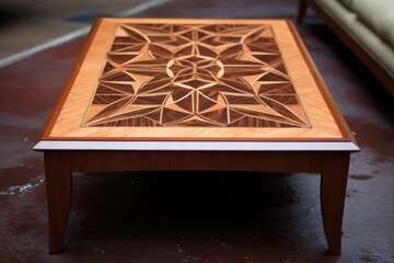 mahogany coffee table with intricate inlay work - obrazy, fototapety, plakaty