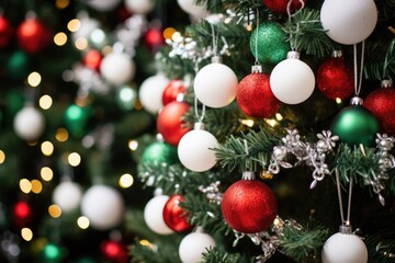 Obraz na płótnie Canvas red, white, and green ornaments on a festive tree