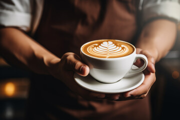 Fototapeta na wymiar Manos de camarero sirviendo un café con dibujo en la espuma.
