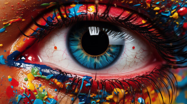 Ojo humano azul macro de cerca con pintura de muchos colores.