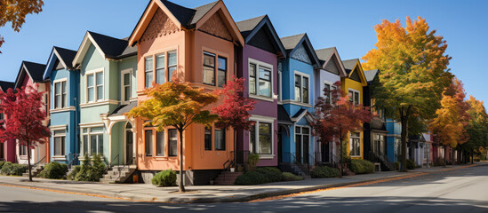Fototapeta premium Generative ai illustration of Colorful stucco finish traditional private townhouses