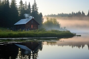 fishing cabin by a misty lake during early morning light