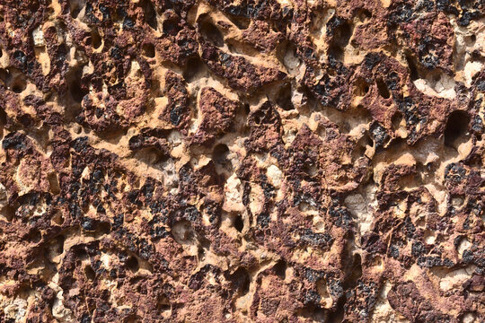 Many holes on the brown with orange and red color surface of the old laterite rock