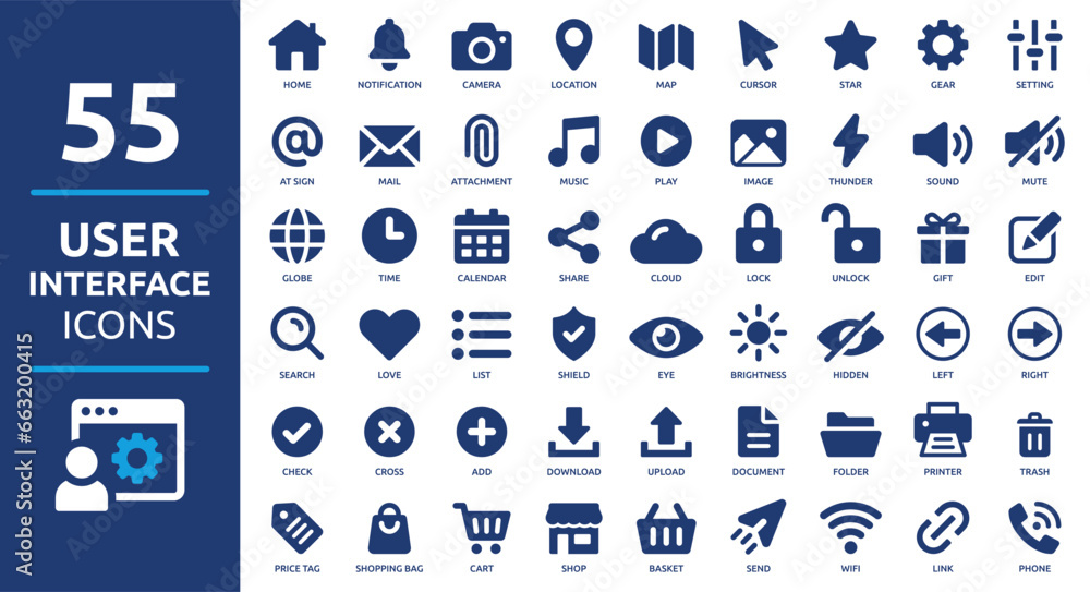 Poster User interface icon set. Basic UI and UX solid icons design. Pack of vector symbol illustration collection.
