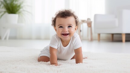 Cute smiling baby sitting on white bed
