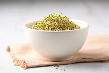 alfalfa sprouts in a ceramic bowl on neutral backdrop