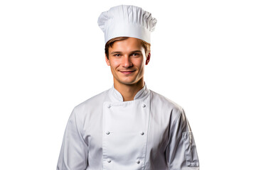 portrait of a smiling male chef in chef's hat and black jacket