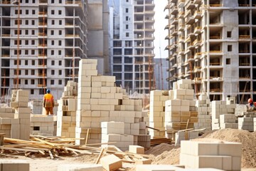 detailed view of building block towers at a construction site