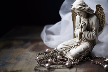 a rosary wrapped around the hands of a stone angel figurine