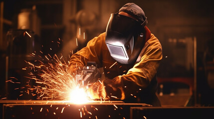 Welder welding metal, lots of sparks, wearing protective welding gear