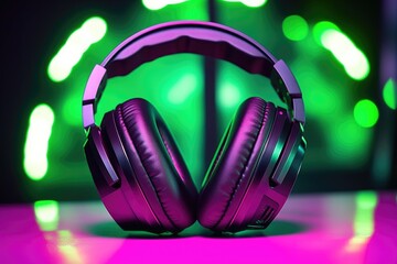 Fototapeta na wymiar silhouette of noise-canceling headphones against bright neon lights