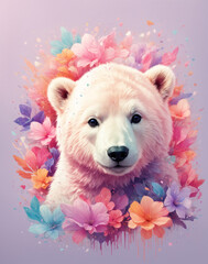 Digital illustration of a polar bear, a composition on a background of beautiful pink-purple flowers with a drawing effect, background for postcards and posters