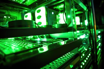 close-up of a server with blinking lights