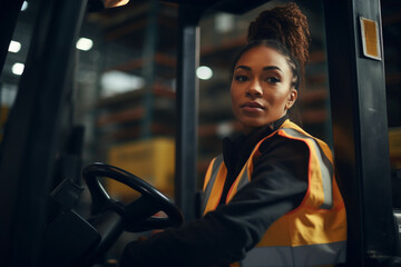 Forklift driver, black woman and logistics worker in industrial shipping yard, manufacturing industry and transport trade, Portrait of cargo female driving a vehicle showing gender equality at work - obrazy, fototapety, plakaty