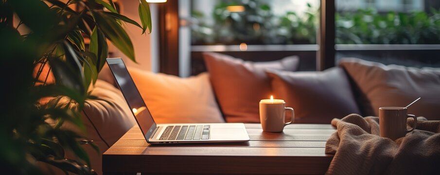 3D rendering of a cozy living room with a work desk, perfect for remote work. Wooden floor, brick wall, and soft furnishings create a warm. Comfortable place to work from home.
