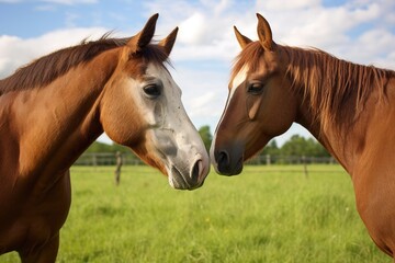 two horses rubbing noses in a pasture - obrazy, fototapety, plakaty