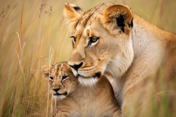 Obraz premium a lioness comforting a cub in a grassland