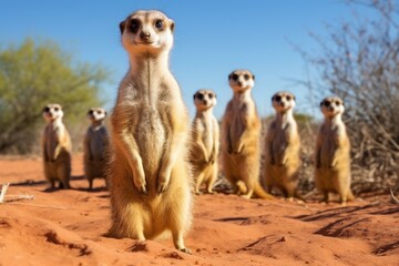 meerkats standing guard while others forage - obrazy, fototapety, plakaty