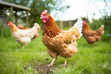 organic hens freely roaming in a grassy farmyard