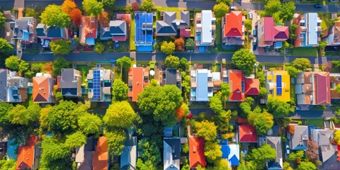 Deurstickers Family colorful houses in neighborhood with green trees, Aerial View of Sustainable settlement © andreusK