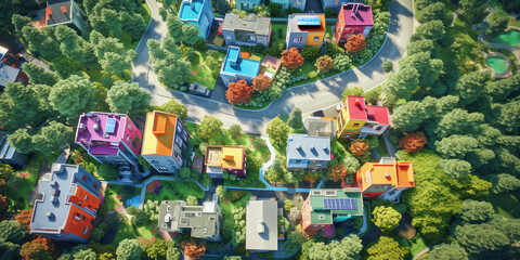 Family colorful houses in neighborhood with green trees, Aerial View of Sustainable settlement