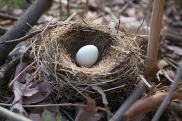 a feathered nest with a single egg inside
