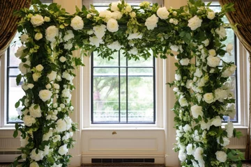 Foto op Plexiglas jewish wedding chuppah adorned with white roses and green leaves © altitudevisual