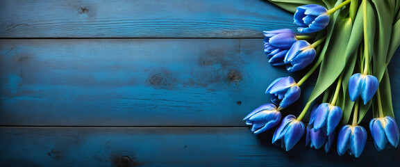 Blue Tulips composition with blue painted wood background and copy space. Ideal concept for Valentines Day, Women's Day, Mother's Day, weddings - obrazy, fototapety, plakaty