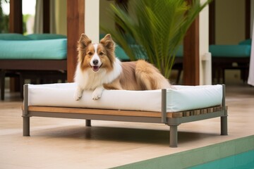 an elevated pet bed by the outdoor pool